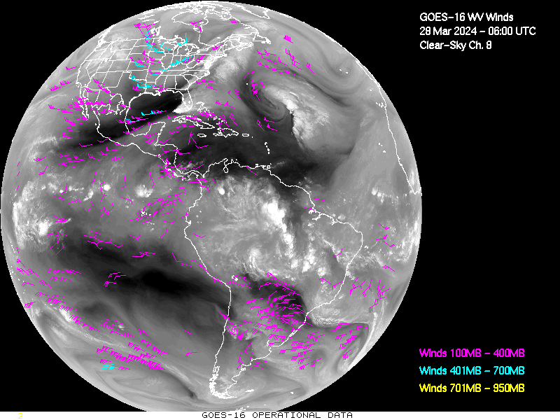 GOES-16 Clear Sky WV Channel 8 Derived Winds - Full Disk - 03/28/2024 - 0600 GMT