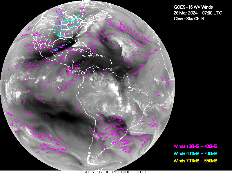 GOES-16 Clear Sky WV Channel 8 Derived Winds - Full Disk - 03/28/2024 - 0700 GMT