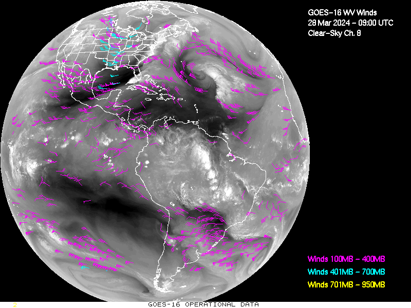 GOES-16 Clear Sky WV Channel 8 Derived Winds - Full Disk - 03/28/2024 - 0900 GMT