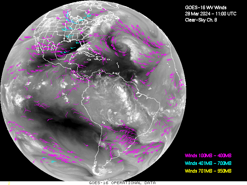 GOES-16 Clear Sky WV Channel 8 Derived Winds - Full Disk - 03/28/2024 - 1100 GMT