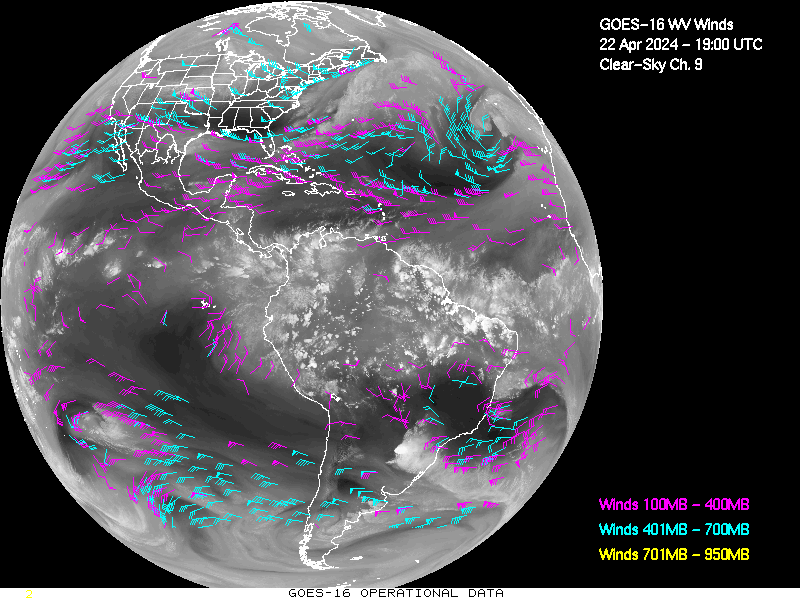 GOES-16 Clear Sky WV Channel 9 Derived Winds - Full Disk - 04/22/2024 - 1900 GMT