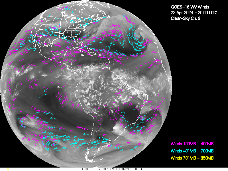 GOES-16 Clear Sky WV Channel 9 Derived Winds - Full Disk - 04/22/2024 - 2000 GMT