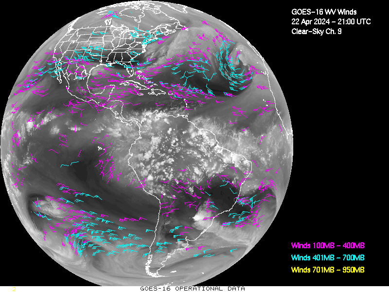 GOES-16 Clear Sky WV Channel 9 Derived Winds - Full Disk - 04/22/2024 - 2100 GMT