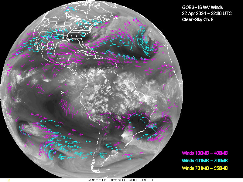 GOES-16 Clear Sky WV Channel 9 Derived Winds - Full Disk - 04/22/2024 - 2200 GMT