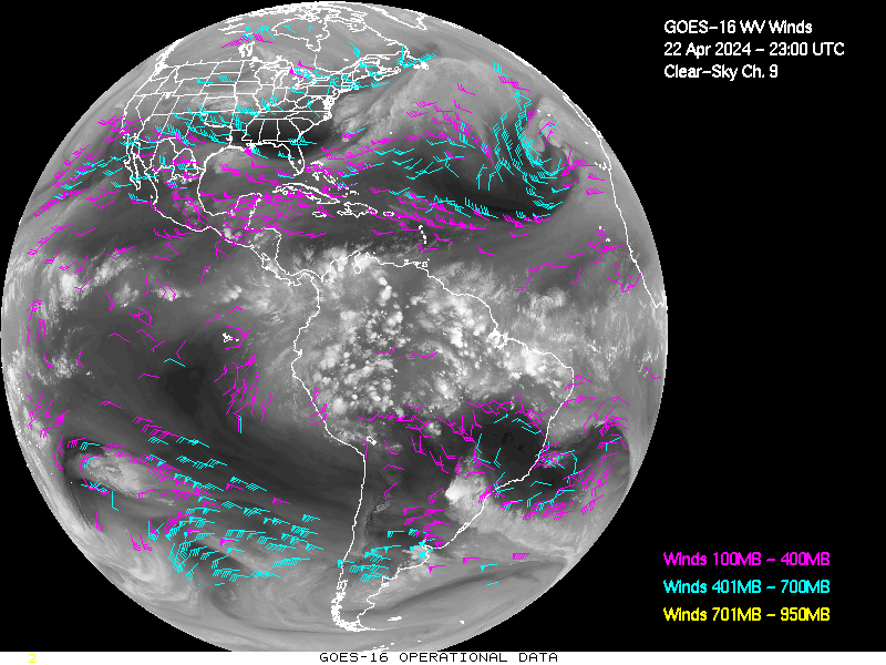GOES-16 Clear Sky WV Channel 9 Derived Winds - Full Disk - 04/22/2024 - 2300 GMT