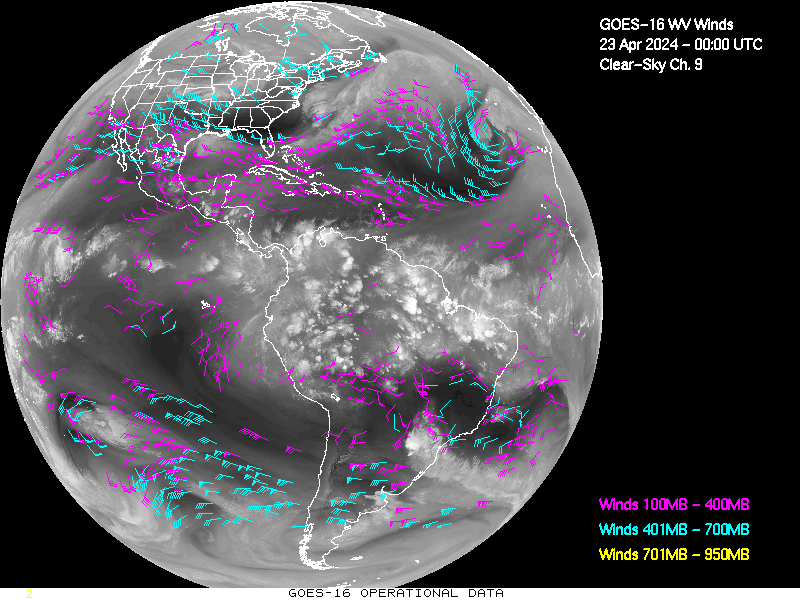 GOES-16 Clear Sky WV Channel 9 Derived Winds - Full Disk - 04/23/2024 - 0000 GMT