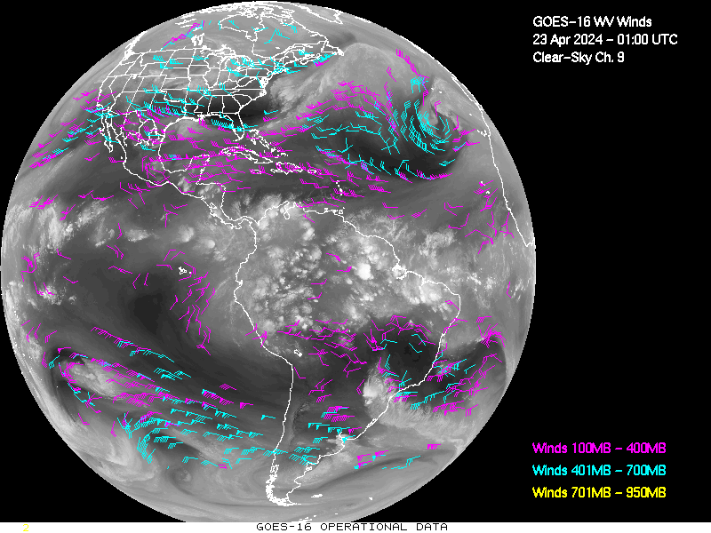 GOES-16 Clear Sky WV Channel 9 Derived Winds - Full Disk - 04/23/2024 - 0100 GMT