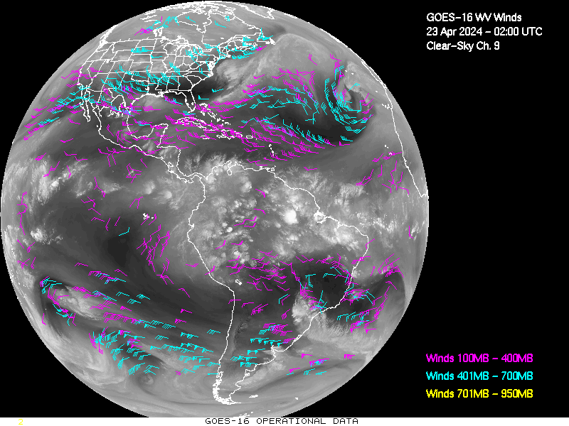 GOES-16 Clear Sky WV Channel 9 Derived Winds - Full Disk - 04/23/2024 - 0200 GMT