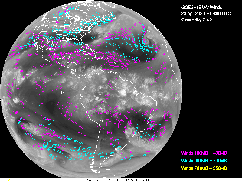 GOES-16 Clear Sky WV Channel 9 Derived Winds - Full Disk - 04/23/2024 - 0300 GMT