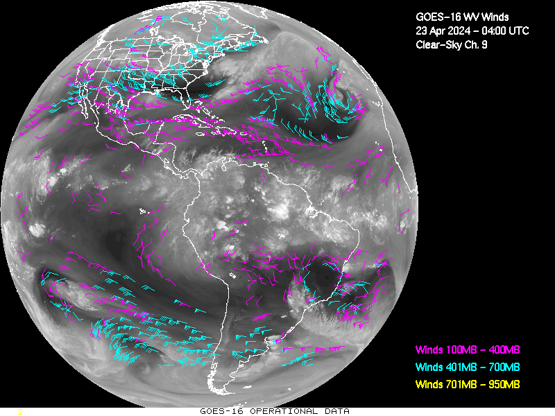 GOES-16 Clear Sky WV Channel 9 Derived Winds - Full Disk - 04/23/2024 - 0400 GMT
