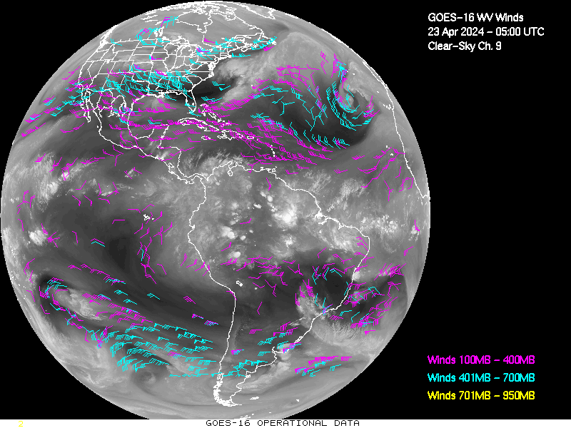 GOES-16 Clear Sky WV Channel 9 Derived Winds - Full Disk - 04/23/2024 - 0500 GMT