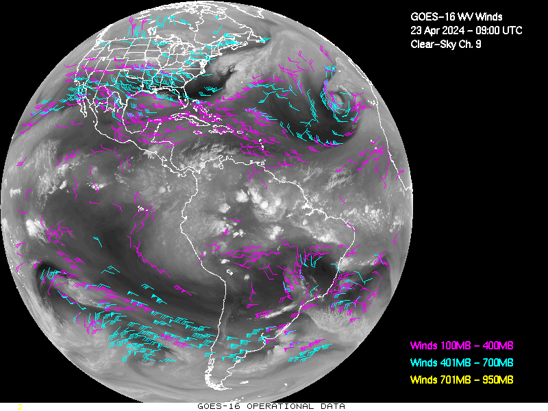 GOES-16 Clear Sky WV Channel 9 Derived Winds - Full Disk - 04/23/2024 - 0900 GMT