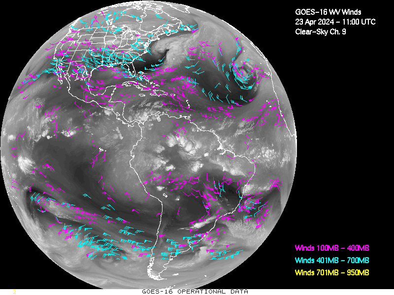 GOES-16 Clear Sky WV Channel 9 Derived Winds - Full Disk - 04/23/2024 - 1100 GMT