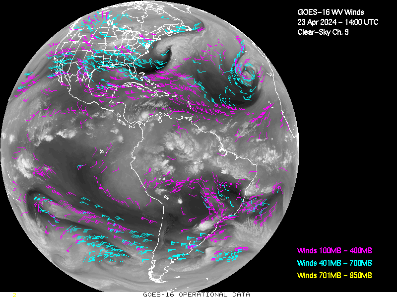 GOES-16 Clear Sky WV Channel 9 Derived Winds - Full Disk - 04/23/2024 - 1400 GMT