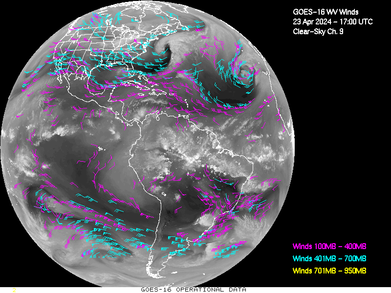 GOES-16 Clear Sky WV Channel 9 Derived Winds - Full Disk - 04/23/2024 - 1700 GMT