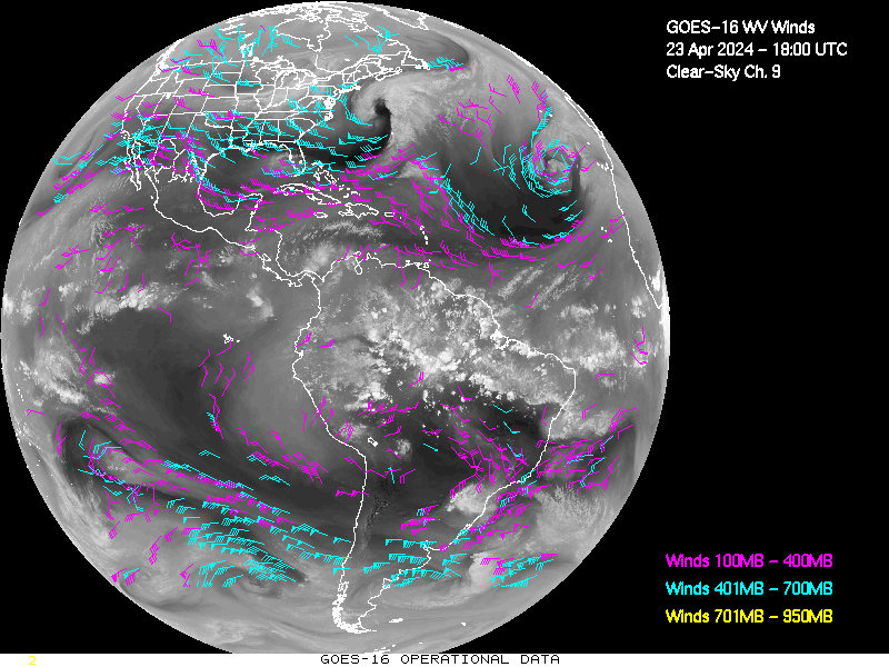 GOES-16 Clear Sky WV Channel 9 Derived Winds - Full Disk - 04/23/2024 - 1800 GMT