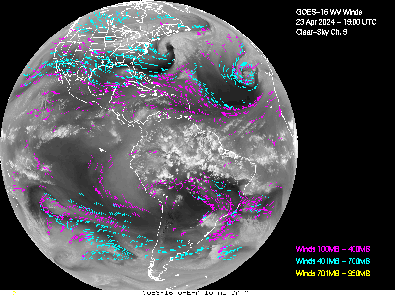 GOES-16 Clear Sky WV Channel 9 Derived Winds - Full Disk - 04/23/2024 - 1900 GMT