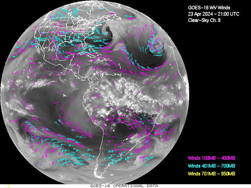 GOES-16 Clear Sky WV Channel 9 Derived Winds - Full Disk - 04/23/2024 - 2100 GMT
