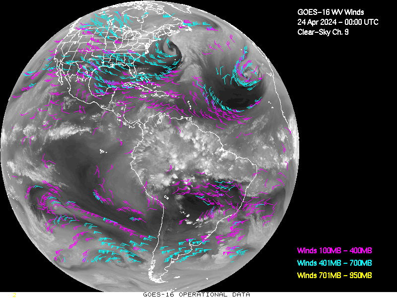 GOES-16 Clear Sky WV Channel 9 Derived Winds - Full Disk - 04/24/2024 - 0000 GMT