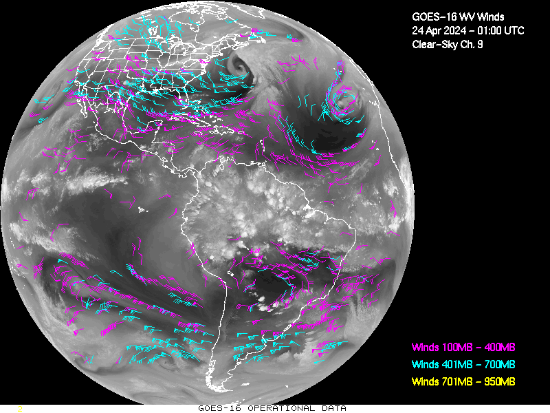 GOES-16 Clear Sky WV Channel 9 Derived Winds - Full Disk - 04/24/2024 - 0100 GMT