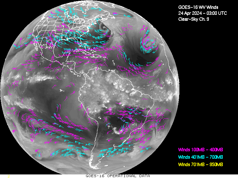 GOES-16 Clear Sky WV Channel 9 Derived Winds - Full Disk - 04/24/2024 - 0300 GMT