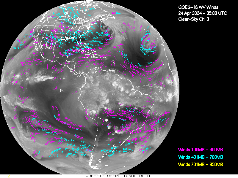 GOES-16 Clear Sky WV Channel 9 Derived Winds - Full Disk - 04/24/2024 - 0500 GMT