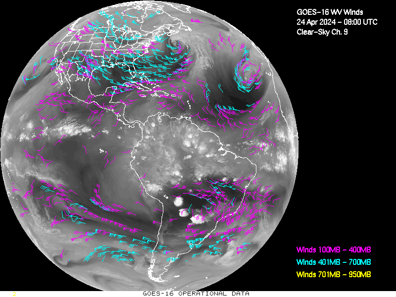 GOES-16 Clear Sky WV Channel 9 Derived Winds - Full Disk - 04/24/2024 - 0800 GMT