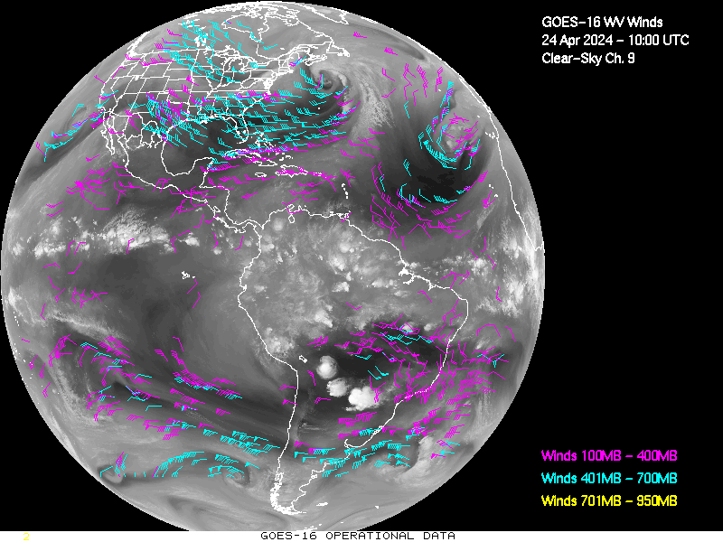 GOES-16 Clear Sky WV Channel 9 Derived Winds - Full Disk - 04/24/2024 - 1000 GMT