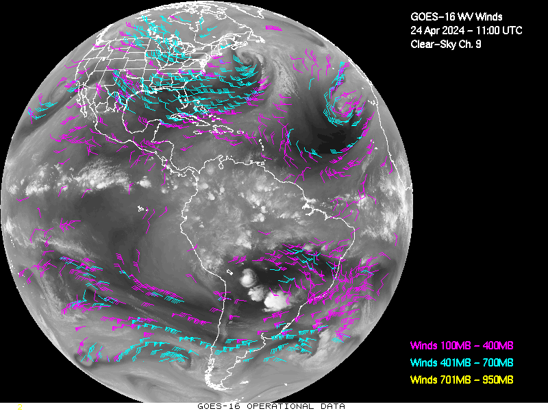 GOES-16 Clear Sky WV Channel 9 Derived Winds - Full Disk - 04/24/2024 - 1100 GMT