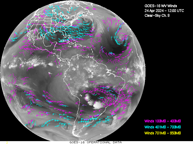GOES-16 Clear Sky WV Channel 9 Derived Winds - Full Disk - 04/24/2024 - 1200 GMT