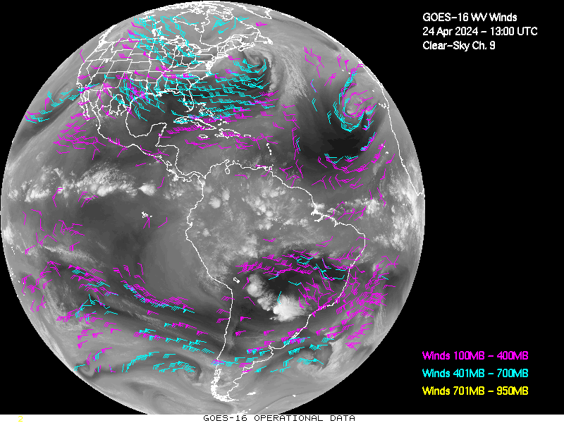 GOES-16 Clear Sky WV Channel 9 Derived Winds - Full Disk - 04/24/2024 - 1300 GMT