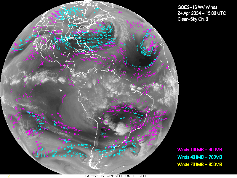 GOES-16 Clear Sky WV Channel 9 Derived Winds - Full Disk - 04/24/2024 - 1500 GMT