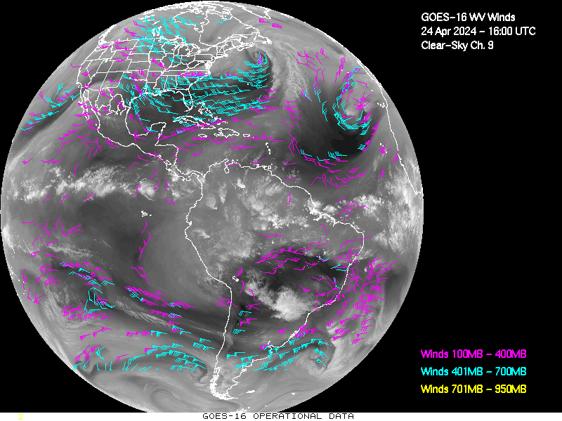 GOES-16 Clear Sky WV Channel 9 Derived Winds - Full Disk - 04/24/2024 - 1600 GMT