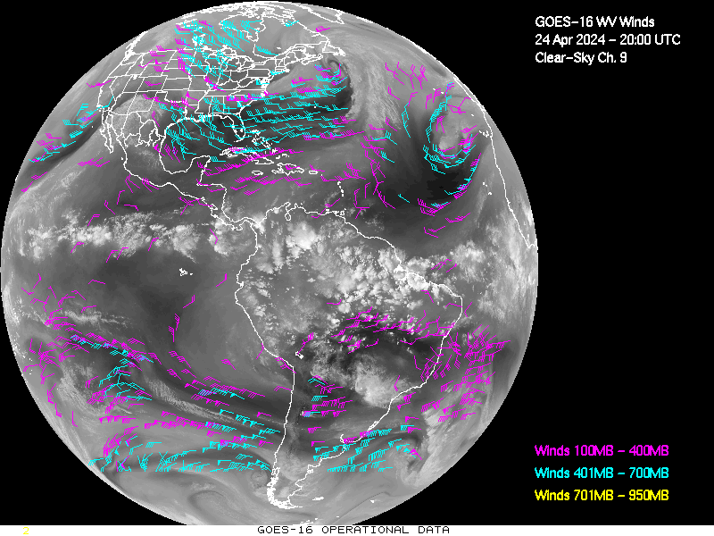 GOES-16 Clear Sky WV Channel 9 Derived Winds - Full Disk - 04/24/2024 - 2000 GMT