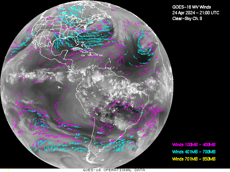 GOES-16 Clear Sky WV Channel 9 Derived Winds - Full Disk - 04/24/2024 - 2100 GMT