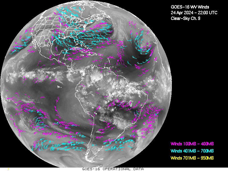 GOES-16 Clear Sky WV Channel 9 Derived Winds - Full Disk - 04/24/2024 - 2200 GMT