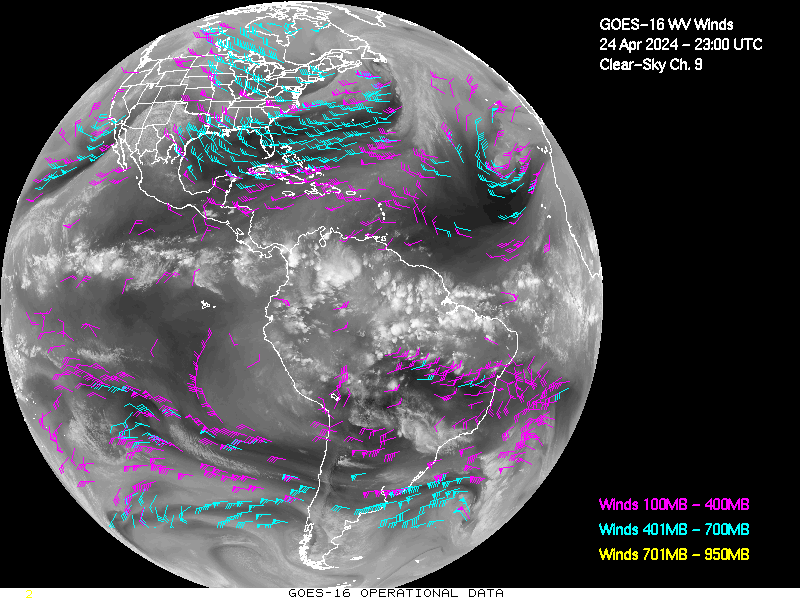 GOES-16 Clear Sky WV Channel 9 Derived Winds - Full Disk - 04/24/2024 - 2300 GMT