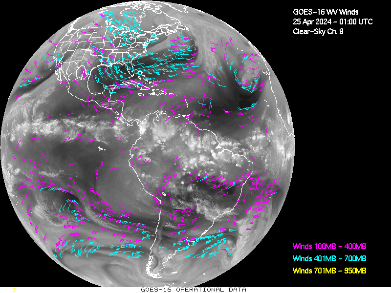 GOES-16 Clear Sky WV Channel 9 Derived Winds - Full Disk - 04/25/2024 - 0100 GMT