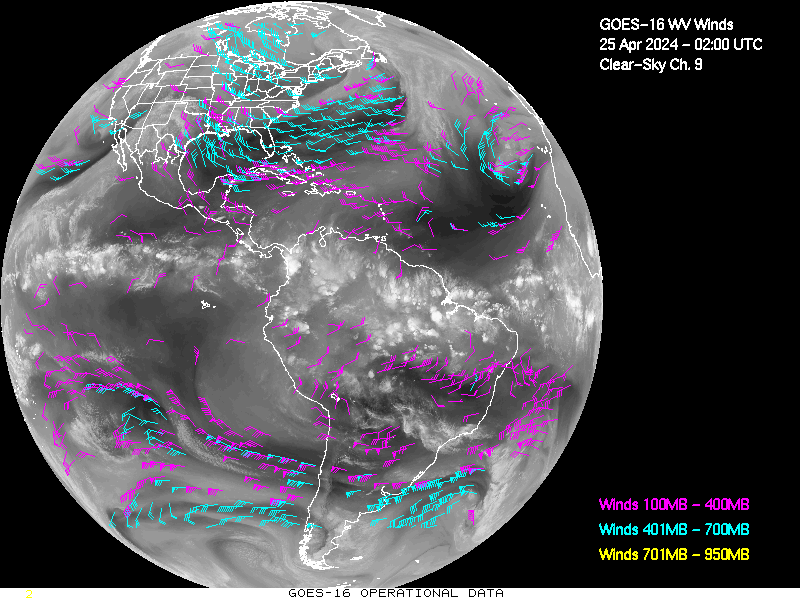 GOES-16 Clear Sky WV Channel 9 Derived Winds - Full Disk - 04/25/2024 - 0200 GMT
