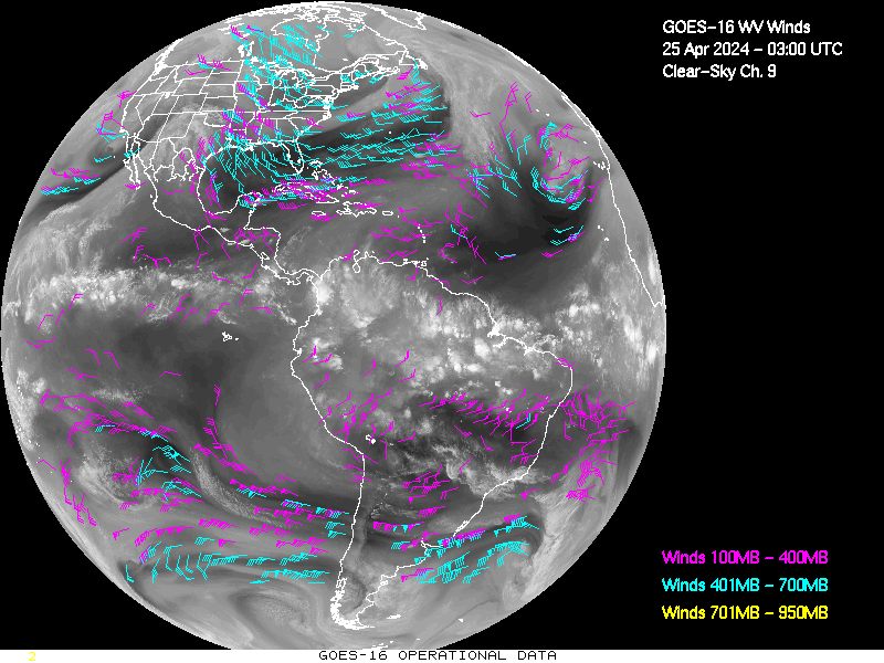 GOES-16 Clear Sky WV Channel 9 Derived Winds - Full Disk - 04/25/2024 - 0300 GMT