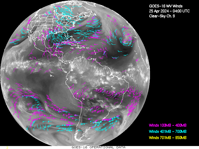 GOES-16 Clear Sky WV Channel 9 Derived Winds - Full Disk - 04/25/2024 - 0400 GMT