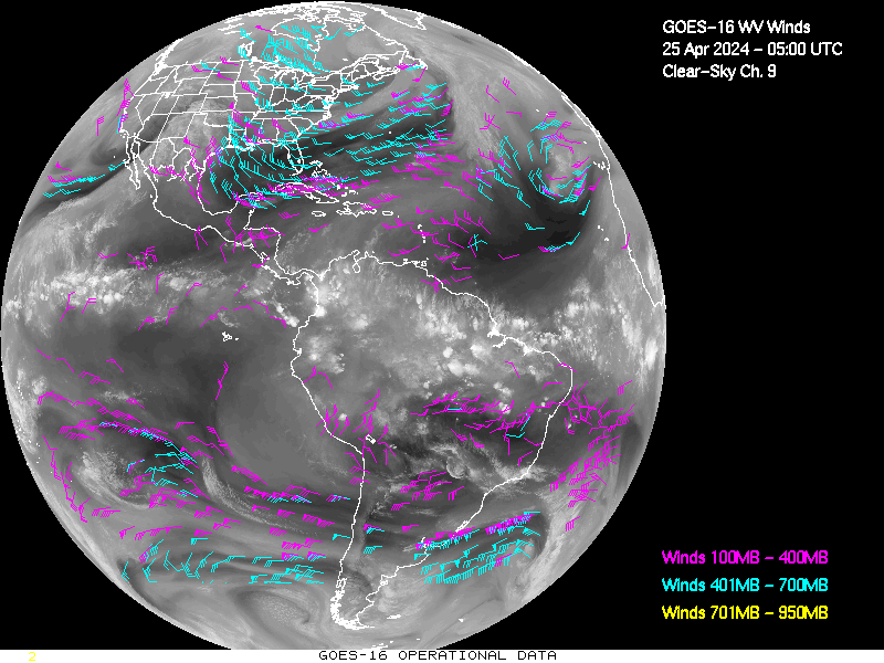 GOES-16 Clear Sky WV Channel 9 Derived Winds - Full Disk - 04/25/2024 - 0500 GMT