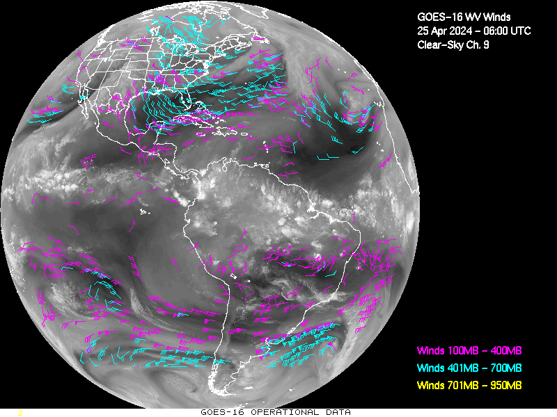 GOES-16 Clear Sky WV Channel 9 Derived Winds - Full Disk - 04/25/2024 - 0600 GMT