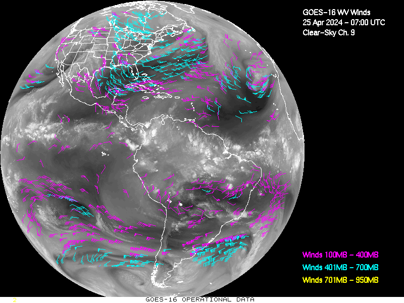 GOES-16 Clear Sky WV Channel 9 Derived Winds - Full Disk - 04/25/2024 - 0700 GMT