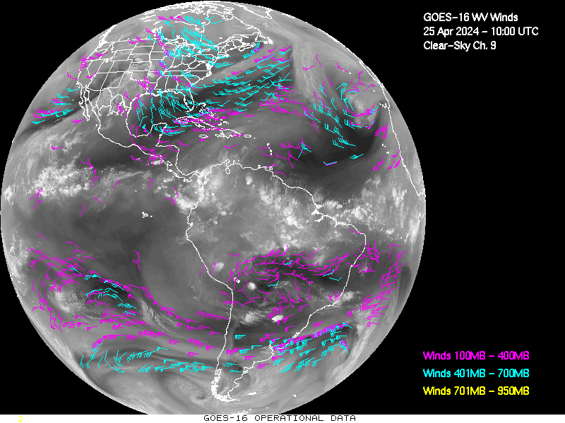 GOES-16 Clear Sky WV Channel 9 Derived Winds - Full Disk - 04/25/2024 - 1000 GMT