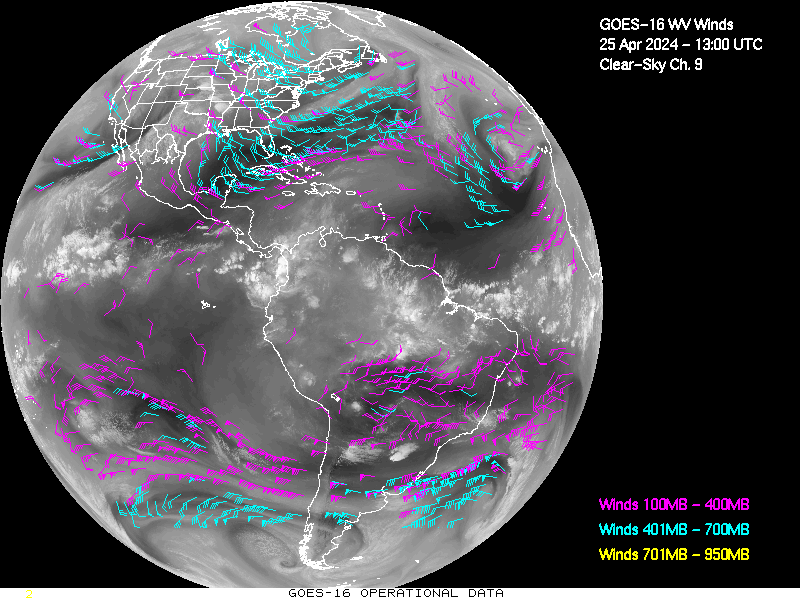GOES-16 Clear Sky WV Channel 9 Derived Winds - Full Disk - 04/25/2024 - 1300 GMT