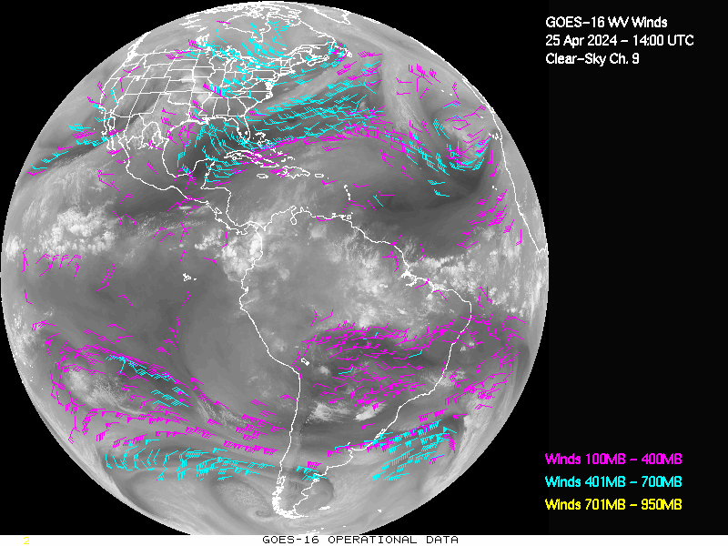 GOES-16 Clear Sky WV Channel 9 Derived Winds - Full Disk - 04/25/2024 - 1400 GMT