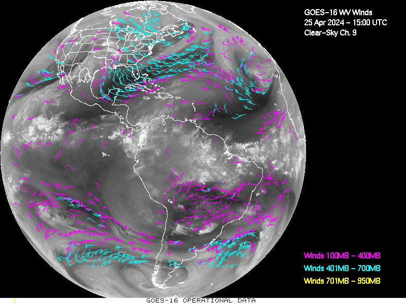 GOES-16 Clear Sky WV Channel 9 Derived Winds - Full Disk - 04/25/2024 - 1500 GMT