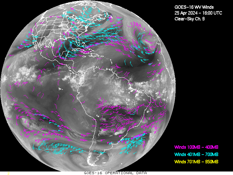 GOES-16 Clear Sky WV Channel 9 Derived Winds - Full Disk - 04/25/2024 - 1600 GMT