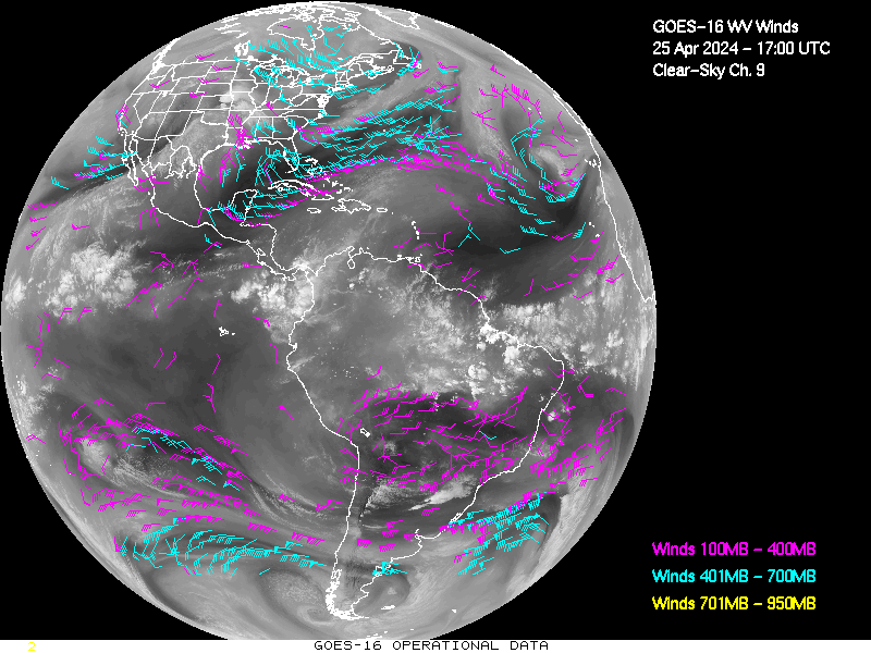 GOES-16 Clear Sky WV Channel 9 Derived Winds - Full Disk - 04/25/2024 - 1700 GMT